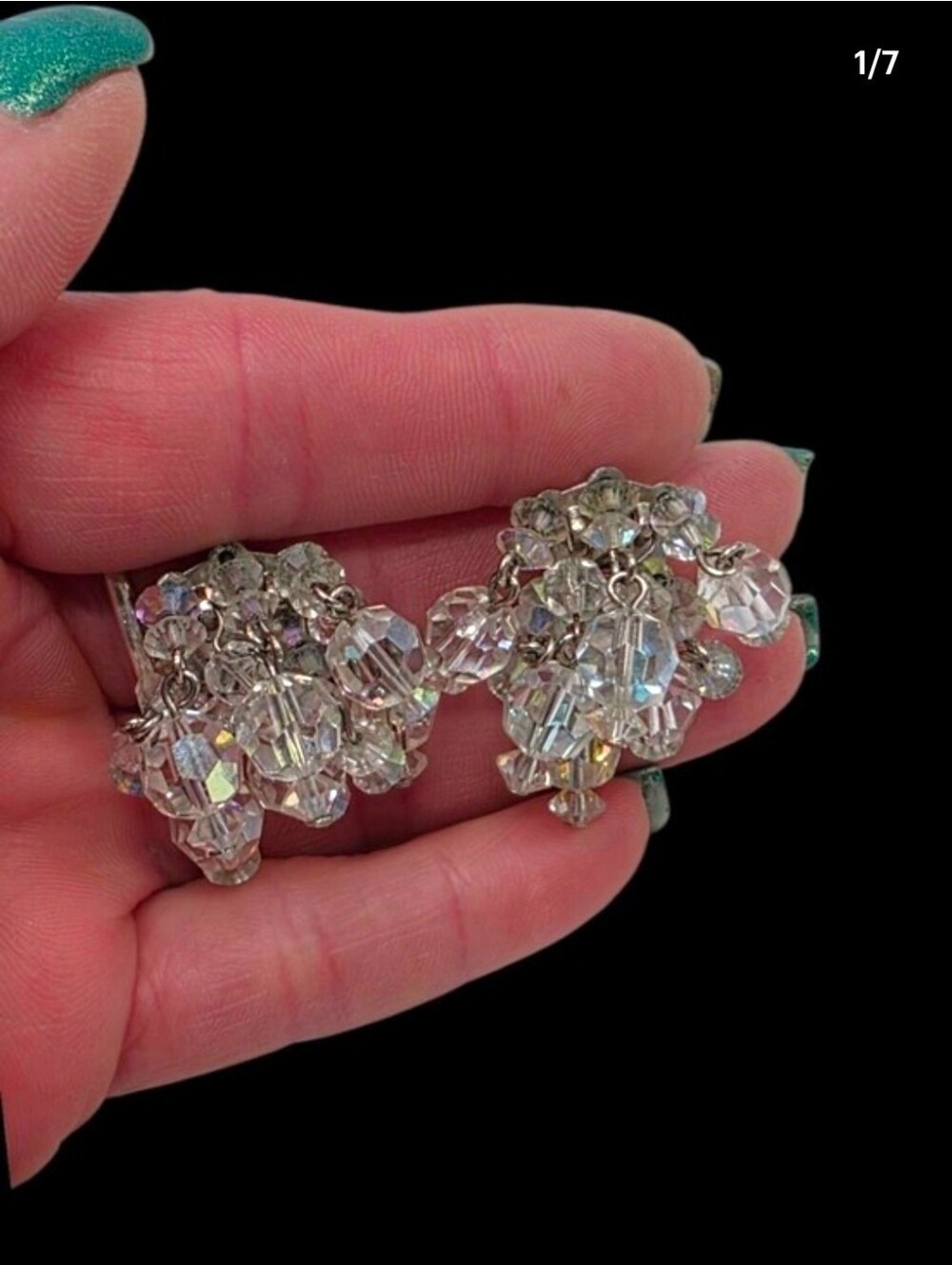 Vintage 1950s 60s Cha Cha Crystal AB Clip On Earrings MCM Cluster